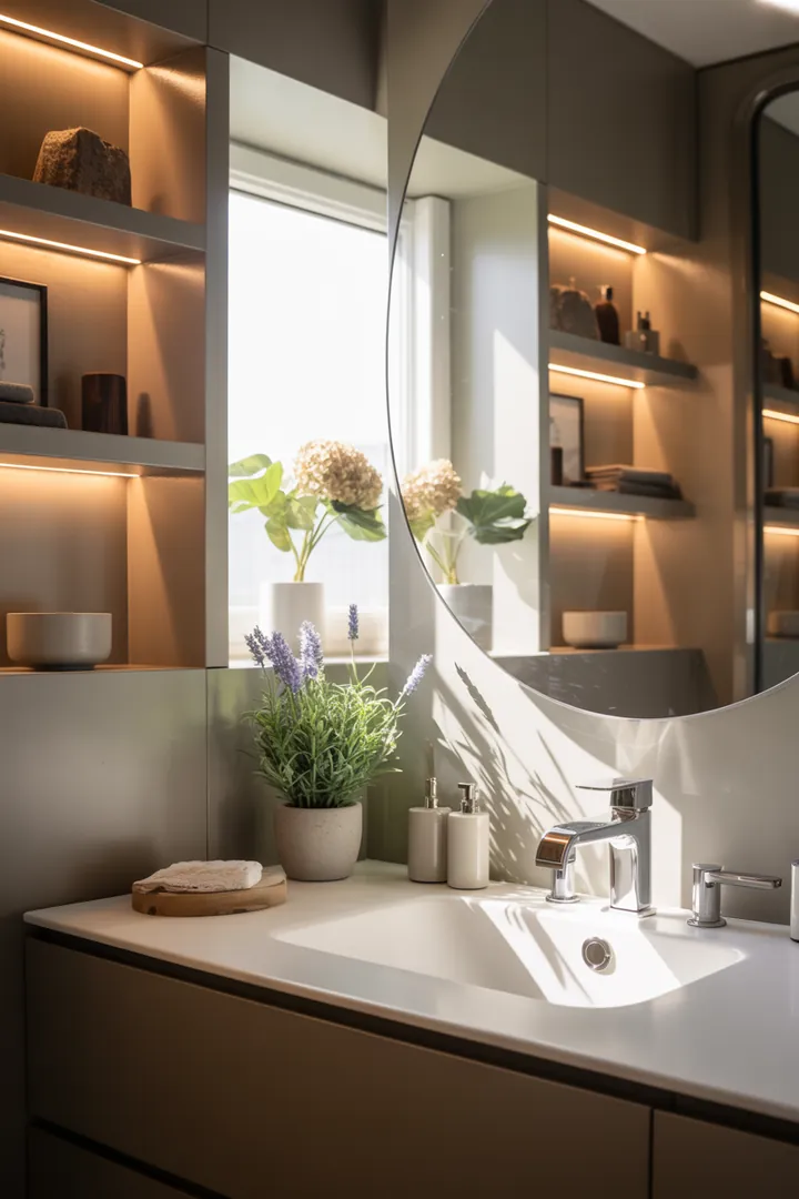 Ein stilvolles und funktionales kleines Badezimmer mit cleveren Möbeln und einer harmonischen Farbpalette, die den Raum optisch erweitert und inspiriert.