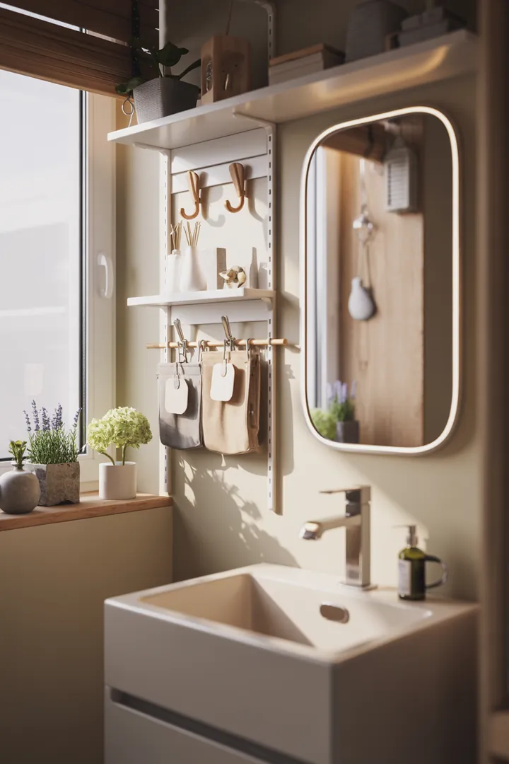 Ein stilvoll gestalteter Raum mit cleveren Möbeln und hellen Farben, der die optimale Nutzung eines kompakten Badezimmers zeigt und Inspiration für die Umgestaltung bietet.