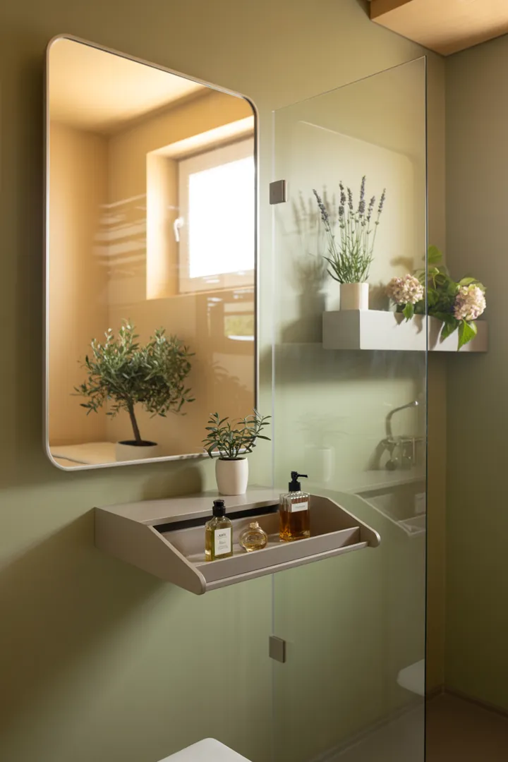 Helles und stilvolles Design eines kompakten Raums mit cleveren Möbeln und neutralen Farben, das eine einladende Atmosphäre für kleine Sanitärbereiche schafft.