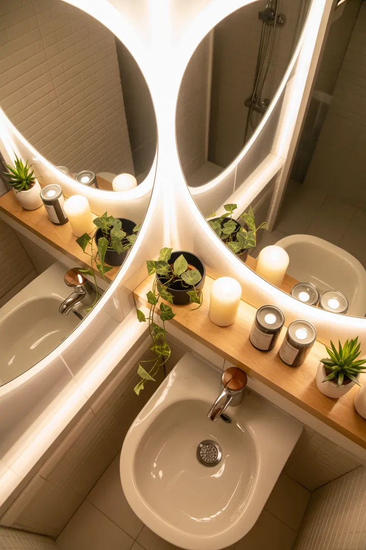 Ein stilvolles, gut organisiertes Badezimmer mit hellen Farben und intelligenten Möbeln, die den Raum größer erscheinen lassen und kreative Gestaltungsideen bieten.