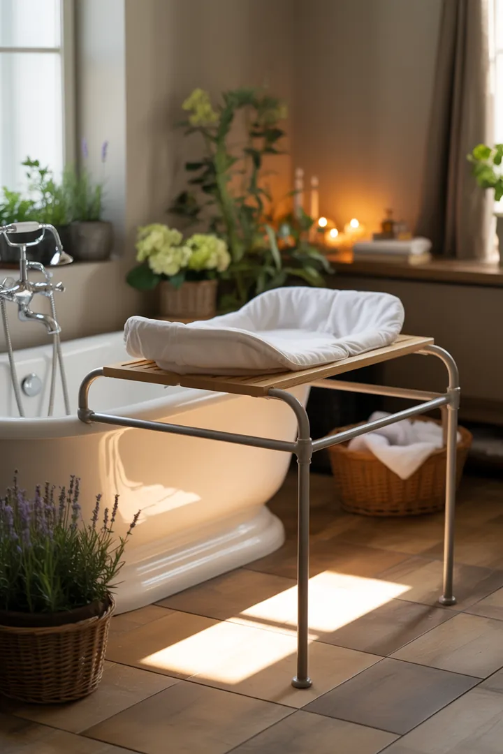 Ein stilvoller Bereich für die Babypflege mit einem praktischen Wickeltisch und einer komfortablen Badewanne, ideal für die Hygiene und den Spaß Ihres Kleinen.