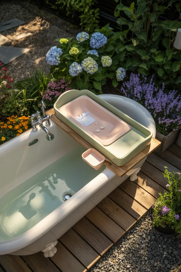 Ein elegantes Badezimmer mit einem funktionalen Wickeltisch, der nahtlos in eine stilvolle Badewanne integriert ist, ideal für die Babypflege.