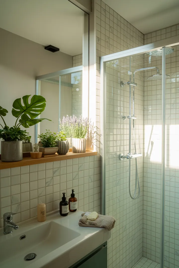 Ein stilvolles, kompakt gestaltetes Badezimmer mit cleveren Aufbewahrungslösungen, hellem Farbkonzept und modernen Möbeln, die den Raum einladend und luftig wirken lassen.