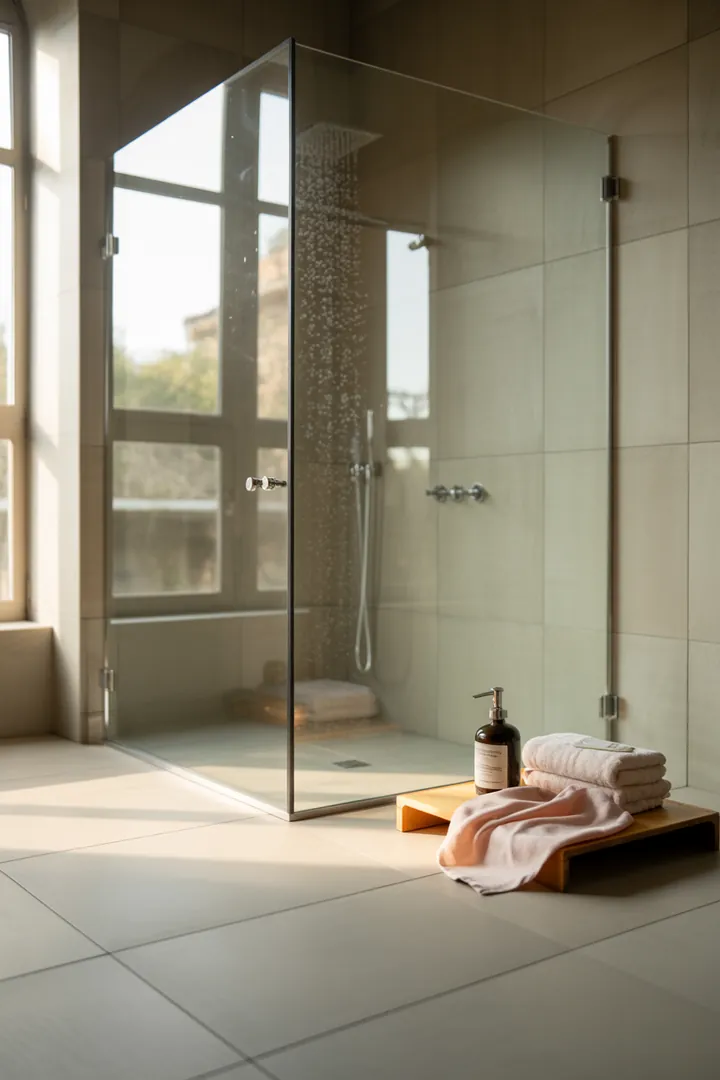 „Helles, modernes kleines Bad mit cleveren Möbeln und kreativen Farbideen, die den Raum größer und einladender wirken lassen.“