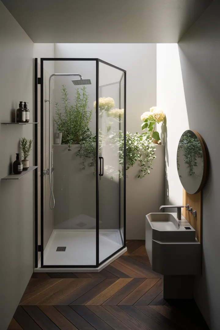 Kompakte, stilvolle Raumgestaltung mit hellen Farben und cleveren Möbeln, die ein kleines Badezimmer einladend und geräumig erscheinen lassen. Inspirierende Ideen für effektive Nutzung.