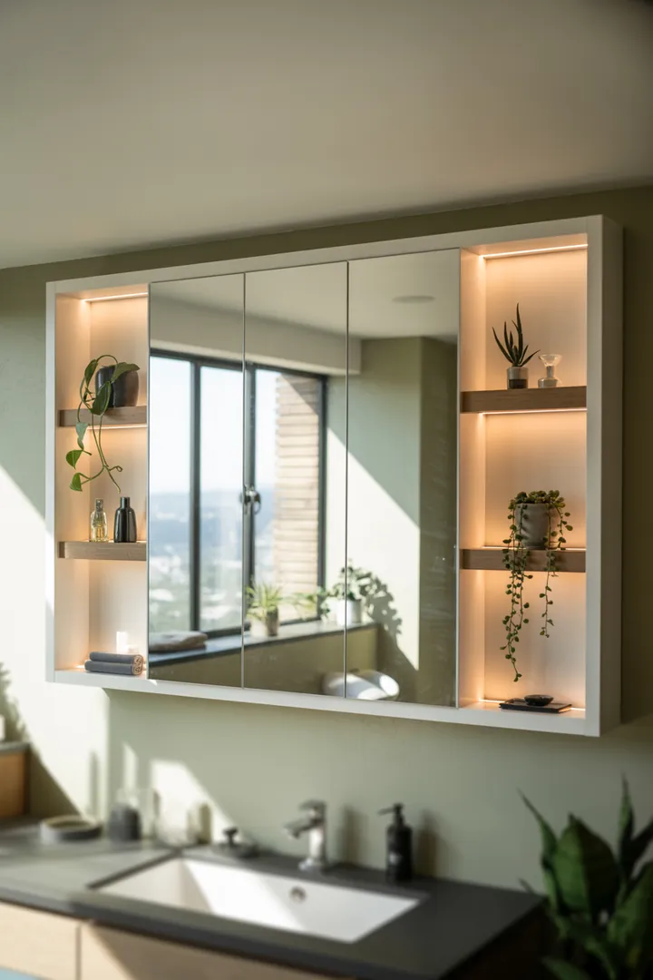 Ein stilvoll gestalteter Raum mit cleveren Aufbewahrungslösungen, hellen Farben und modernen Akzenten, die eine einladende Atmosphäre im kompakten Sanitärbereich schaffen.