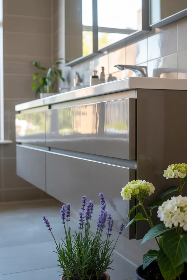 Gestaltungsideen für eine kompakte Sanitäreinheit, die durch clevere Farbwahl und geschickte Möbelanordnung mehr Raumgefühl erzeugt.