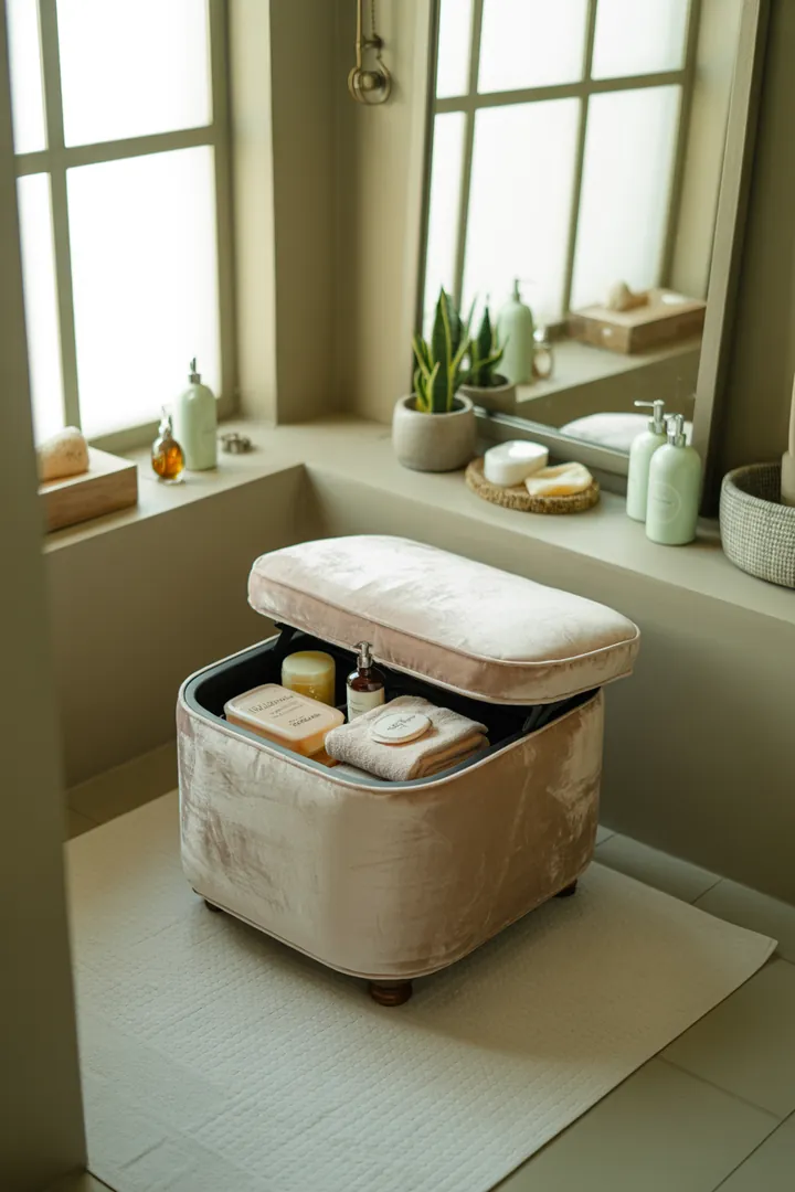 Ein stilvolles, funktionales Badezimmer mit cleveren Möbeln und hellen Farben, das optimalen Raum nutzt und eine einladende Atmosphäre schafft.