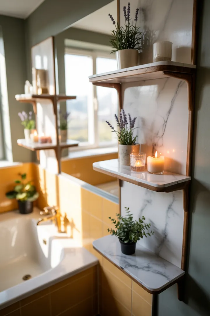 „Helles, stilvolles Raumkonzept für ein kompaktes Badezimmer mit cleveren Möbeln, die den Raum optimieren und eine einladende Atmosphäre schaffen.“