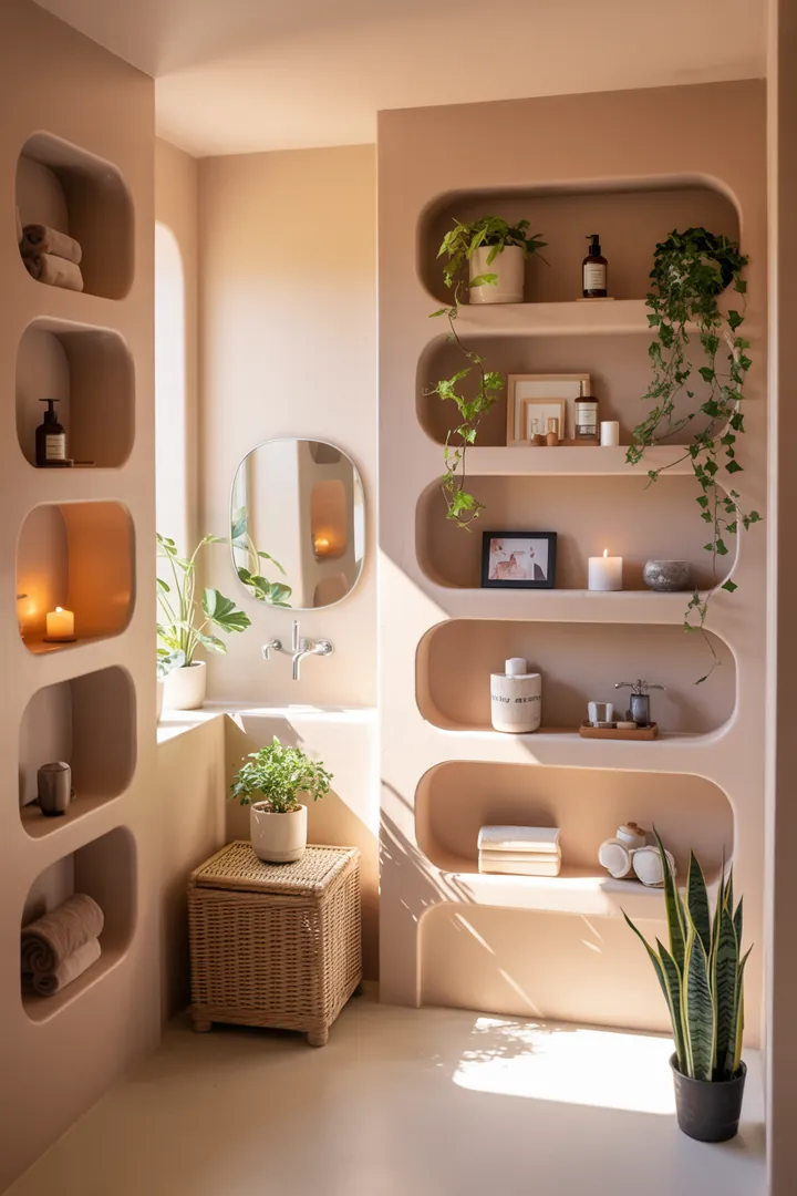 "Moderne Gestaltung eines kompakten Raums mit cleveren Möbeln und hellen Farben, die eine einladende Atmosphäre schaffen und das Badezimmer optisch erweitern."