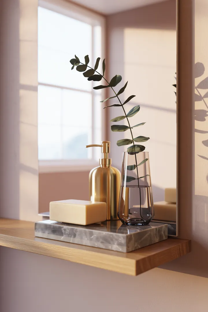 Ein stilvolles, gut organisiertes Badezimmer mit cleveren Möbeln und hellen Farben, das eine gemütliche Atmosphäre schafft und Raumoptimal nutzt.