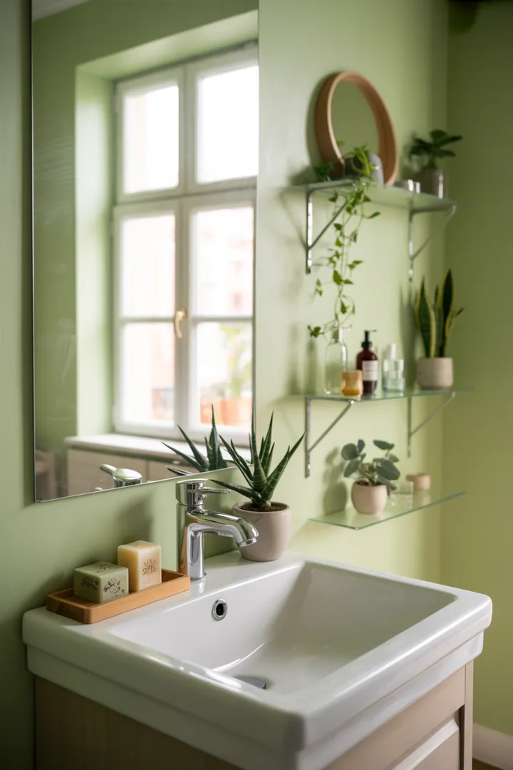 Kreative Einrichtungslösungen für begrenzten Raum, die Helligkeit fördern und eine luftige Atmosphäre schaffen, ideal für die Umgestaltung eines kompakten Sanitärraums.