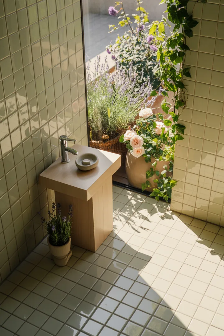 Kreative Gestaltung eines kompakten Raums mit cleveren Möbeln und natürlichen Farbnuancen, die eine einladende Atmosphäre schaffen und den Raum erweitern.