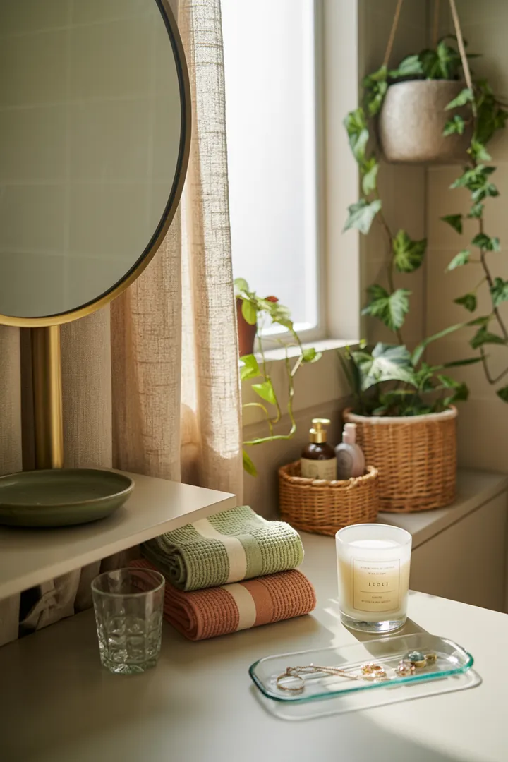 Ein stilvolles, kompaktes Badezimmer mit cleveren Möbeln, hellen Farben und inspirierenden Gestaltungsideen, die Raum optimal nutzen und die Umgebung freundlich wirken lassen.