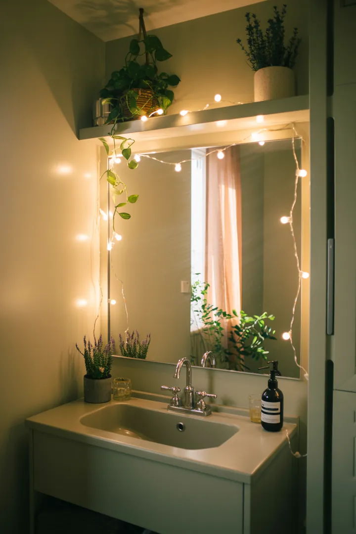 Ein stilvolles, kompaktes Raumkonzept mit cleveren Möbeln und natürlichen Farbtönen, das kreative Ideen zur Optimierung und Verschönerung eines kleinen Sanitärbereichs bietet.