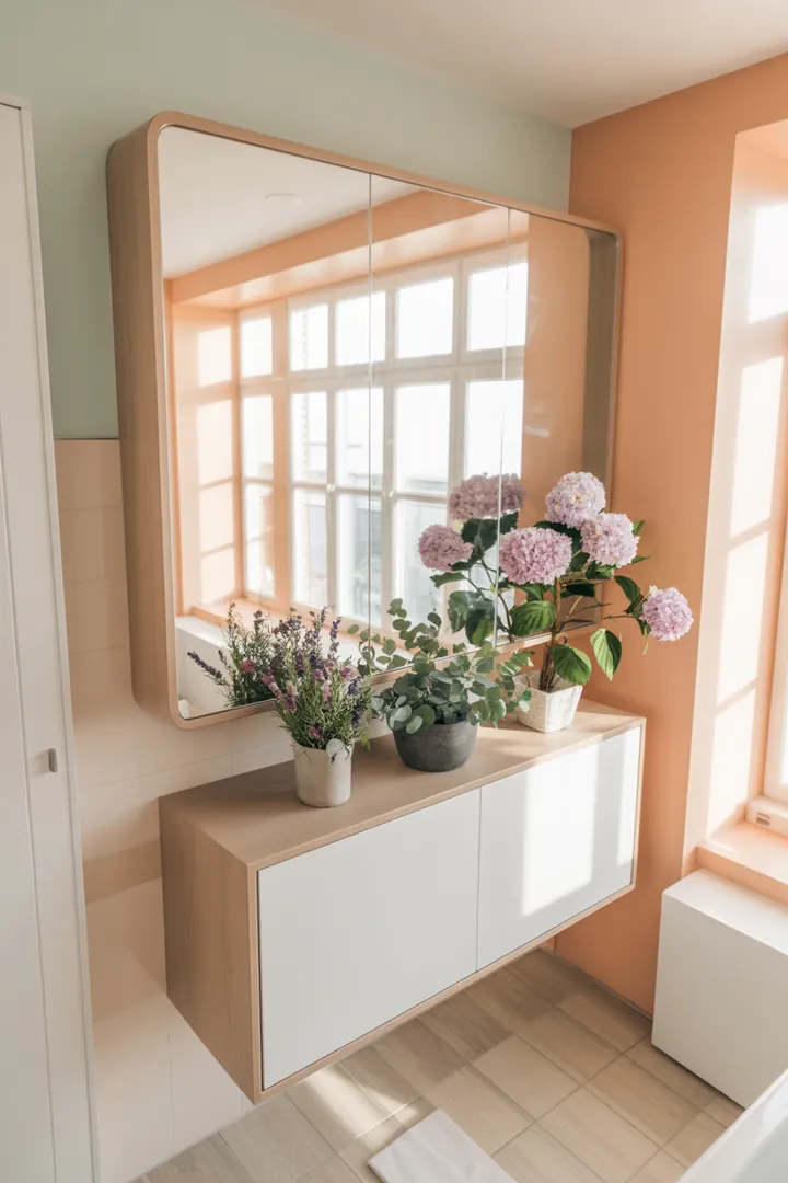 „Modernes, lichtdurchflutetes kleines Badezimmer mit cleveren Stauraumlösungen, stilvollen Möbeln und natürlichen Farbtönen, die mehr Raum schaffen.“