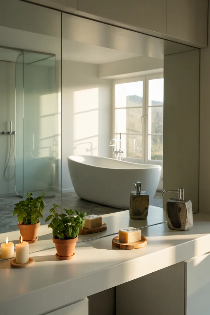 Modernes, helles Raumkonzept für begrenzte Sanitärflächen, mit cleveren Möbeln und Farbgestaltung, die ein Gefühl von Weite und Eleganz vermittelt.