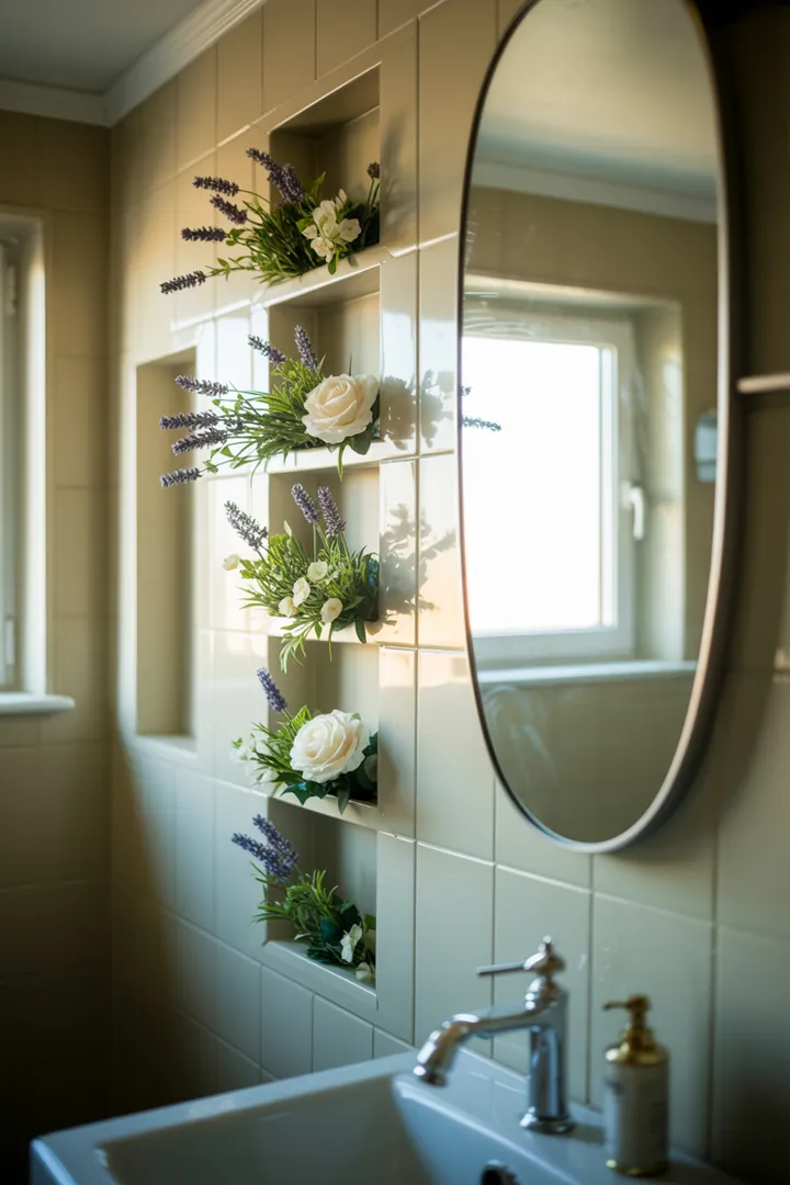 Ein stilvolles, kompaktes Raumdesign mit cleveren Möbeln und hellen Farbtönen, das ein kleines Bad größer erscheinen lässt und Inspiration für die Umgestaltung bietet.