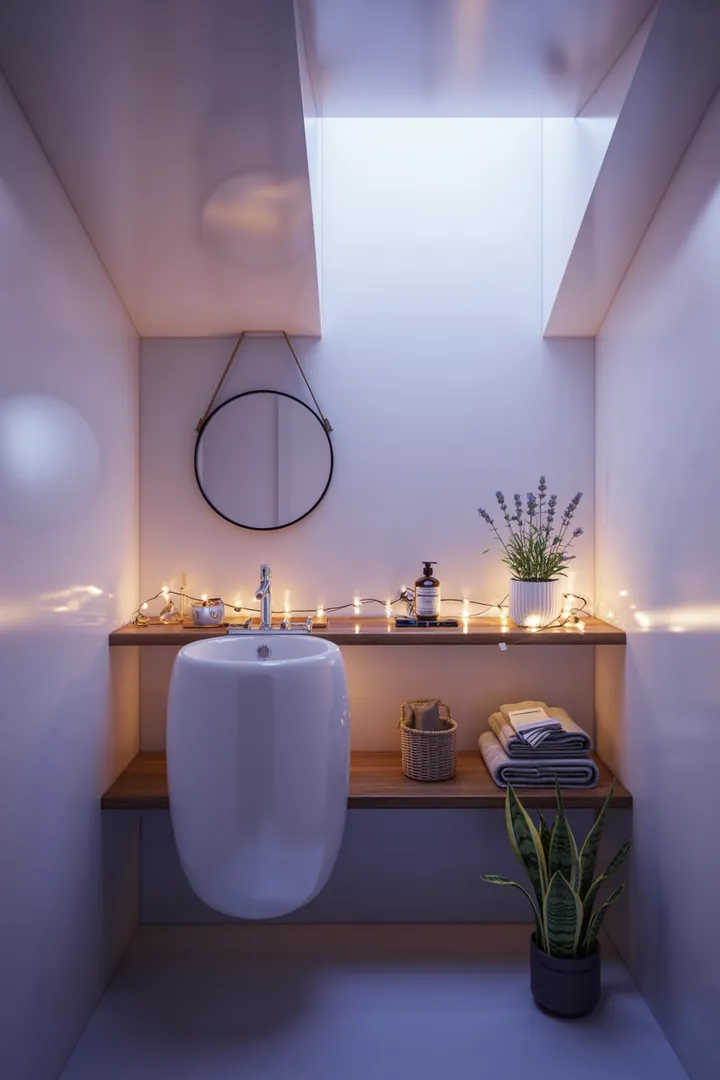 Stimmungsvolles kleines Badezimmer mit cleveren Gestaltungsideen, die den Raum größer wirken lassen, kombiniert mit modernen Möbeln und natürlichen Farben für eine einladende Atmosphäre.