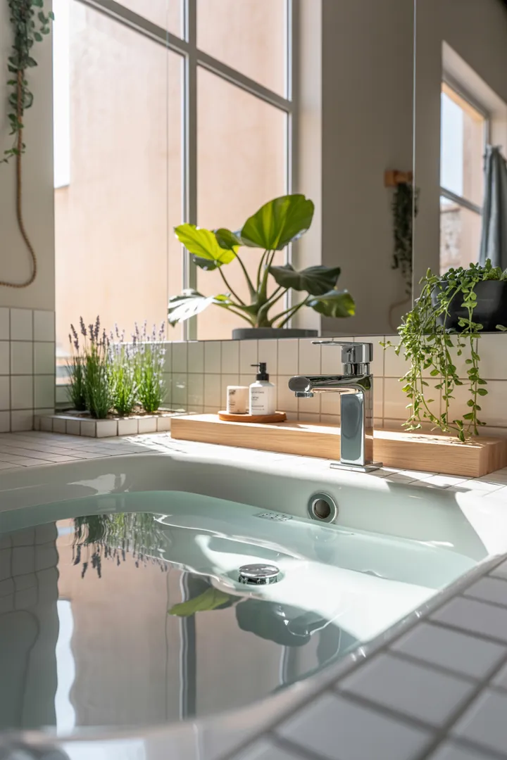 Helles, funktionales Badezimmer mit cleveren Möbeln und sanften Farbtönen, das den Raum großzügig und einladend wirken lässt. Inspirierende Gestaltungsideen für kleine Räume.