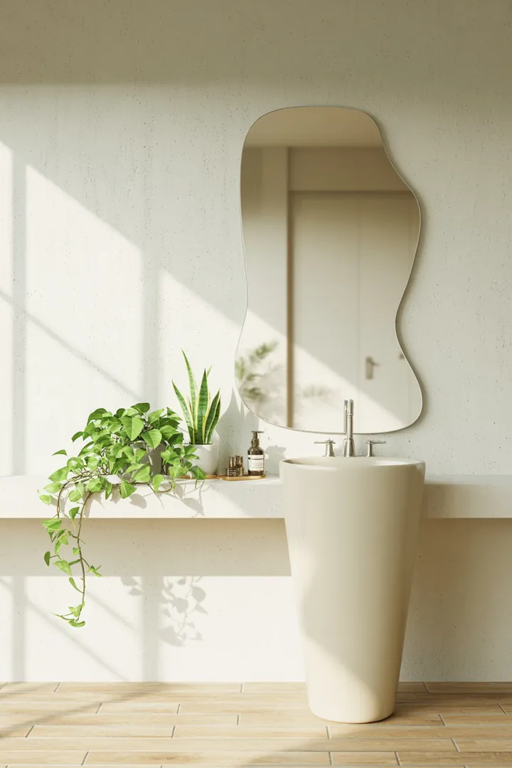 Ein stilvoll gestalteter Raum mit cleveren Lösungen zur optimalen Nutzung begrenzter Fläche, helle Farben und multifunktionale Möbel schaffen eine einladende Atmosphäre.