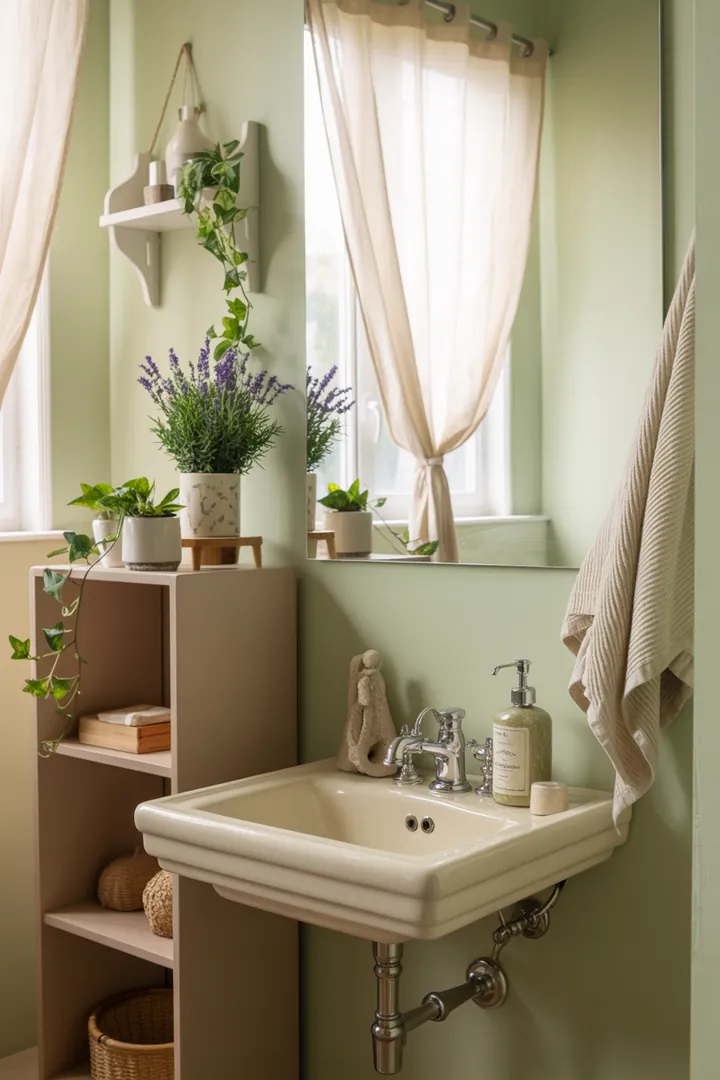 Helles, stilvolles Bad mit cleveren Möbeln und natürlichen Farben, das eine harmonische Atmosphäre schafft und Raum größer erscheinen lässt. Inspirierende Einrichtungsideen für kleine Badezimmer.