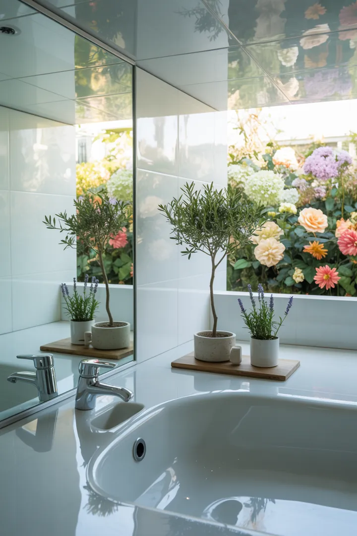 Ein stilvoll gestalteter Raum mit cleveren Möbeln und hellen Farbtönen, der eine angenehme Atmosphäre in einem kompakten Sanitärbereich schafft.