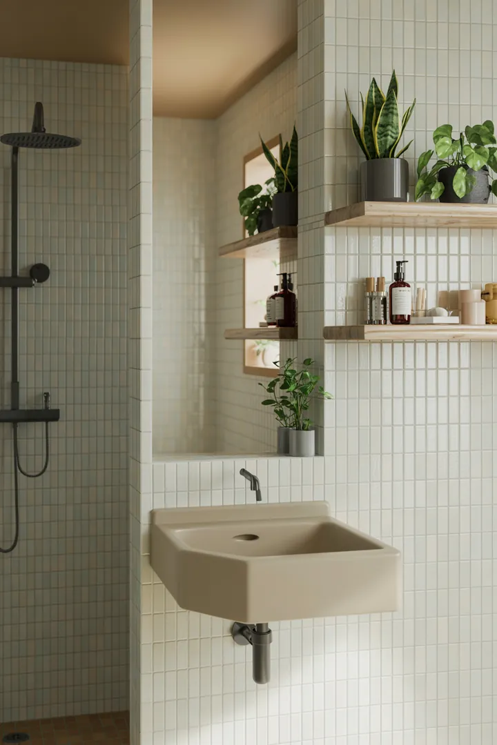 Ein stilvolles kleines Badezimmer mit cleveren Gestaltungselementen, die den Raum hell und offen wirken lassen, kombiniert mit funktionalen Möbeln und inspirierenden Farbnuancen.