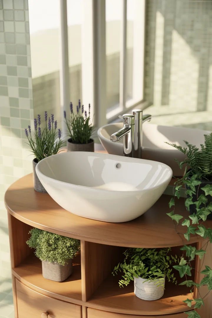 Moderne Gestaltung eines kompakten Sanitärraums mit cleveren Möbeln und natürlichen Farbtönen, um den Raum optisch zu erweitern und eine harmonische Atmosphäre zu schaffen.