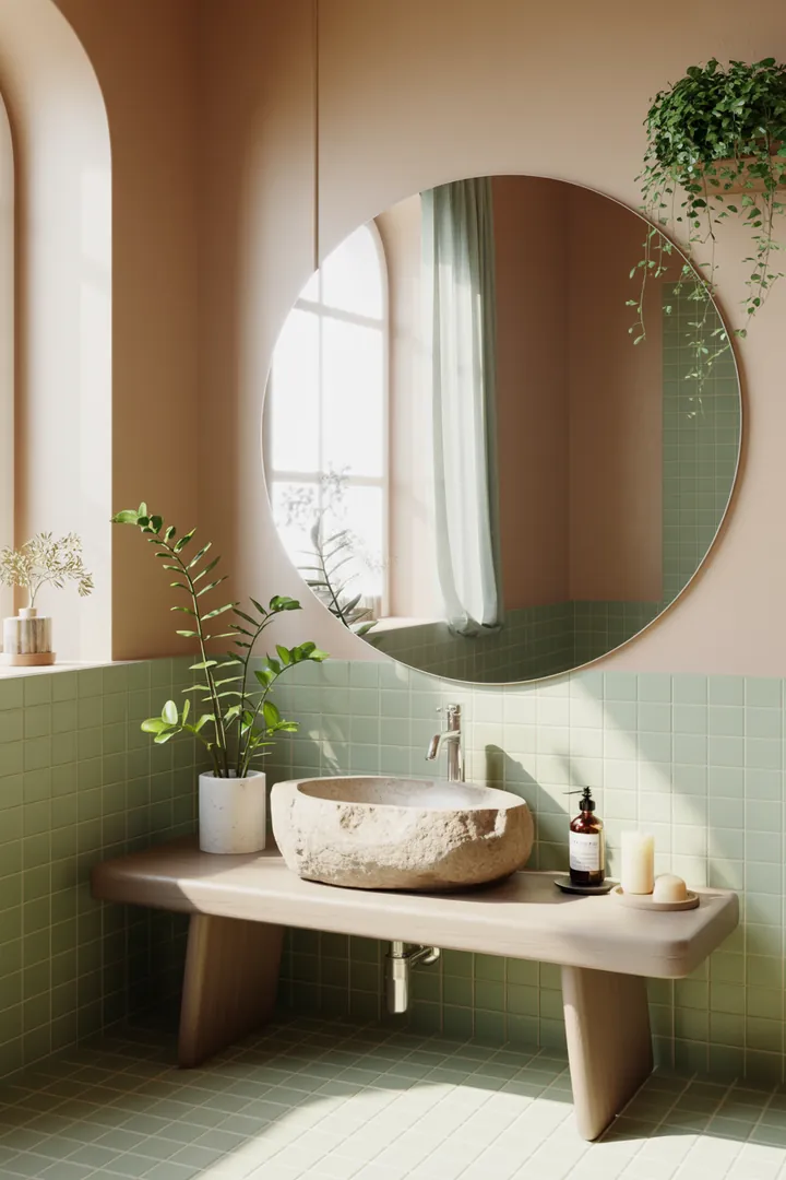 Helles und modernes Design für ein kompaktes Badezimmer mit cleveren Möbeln und natürlichen Farbtönen, die Raum und Licht optimal nutzen. Ideal für kreative Umgestaltungen.