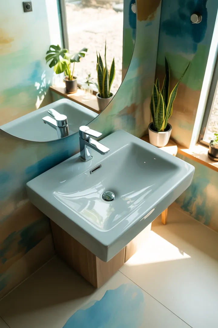 Kompakte Wohlfühloase mit cleveren Möbeln und natürlichen Farben, die Raum für kreative Ideen zur Neugestaltung eines kleinen Bads bietet.