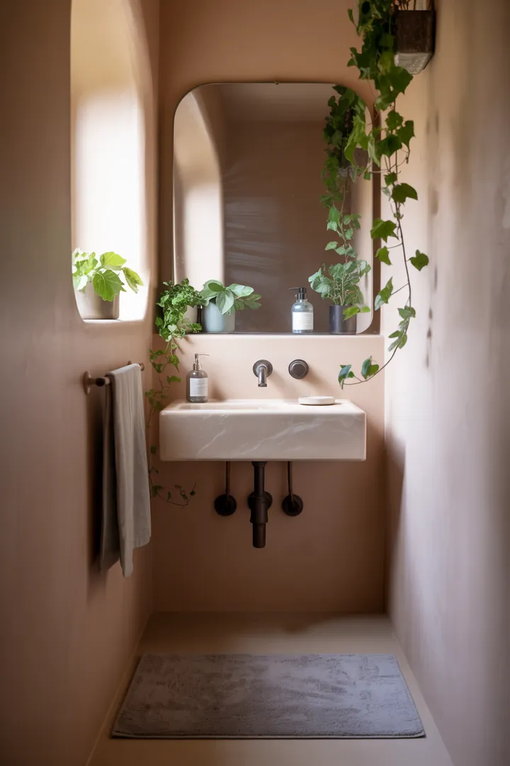 Elegante Gestaltung eines kompakten Sanitärraums mit modernen Möbeln und hellen Farben, die den Raum optisch vergrößern und inspirierende Ideen für kleine Badezimmer bieten.