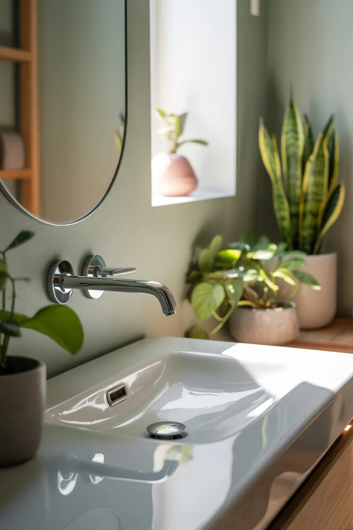 Ein stilvoll gestalteter Raum mit cleveren Lösungen, um ein kompaktes Badezimmer funktional und einladend zu machen, inklusive harmonischer Farbpalette und smarten Möbeln.