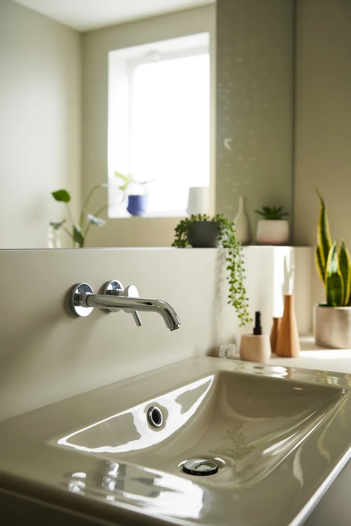 Ein elegantes, kompaktes Sanitärzimmer mit cleveren Stauraumlösungen, sanften Farbtönen und stilvollen Möbeln, die den Raum optisch erweitern.