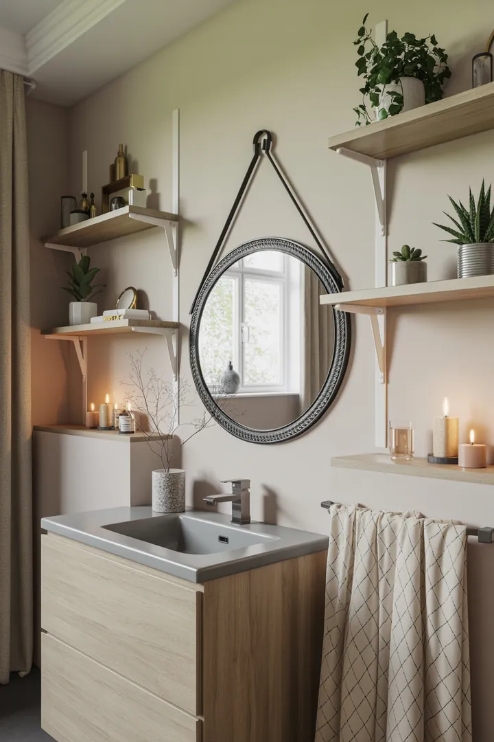 Ein stilvolles, gut organisiertes Badezimmer mit klugen Gestaltungsideen, die den Raum optisch vergrößern und eine harmonische Atmosphäre schaffen.
