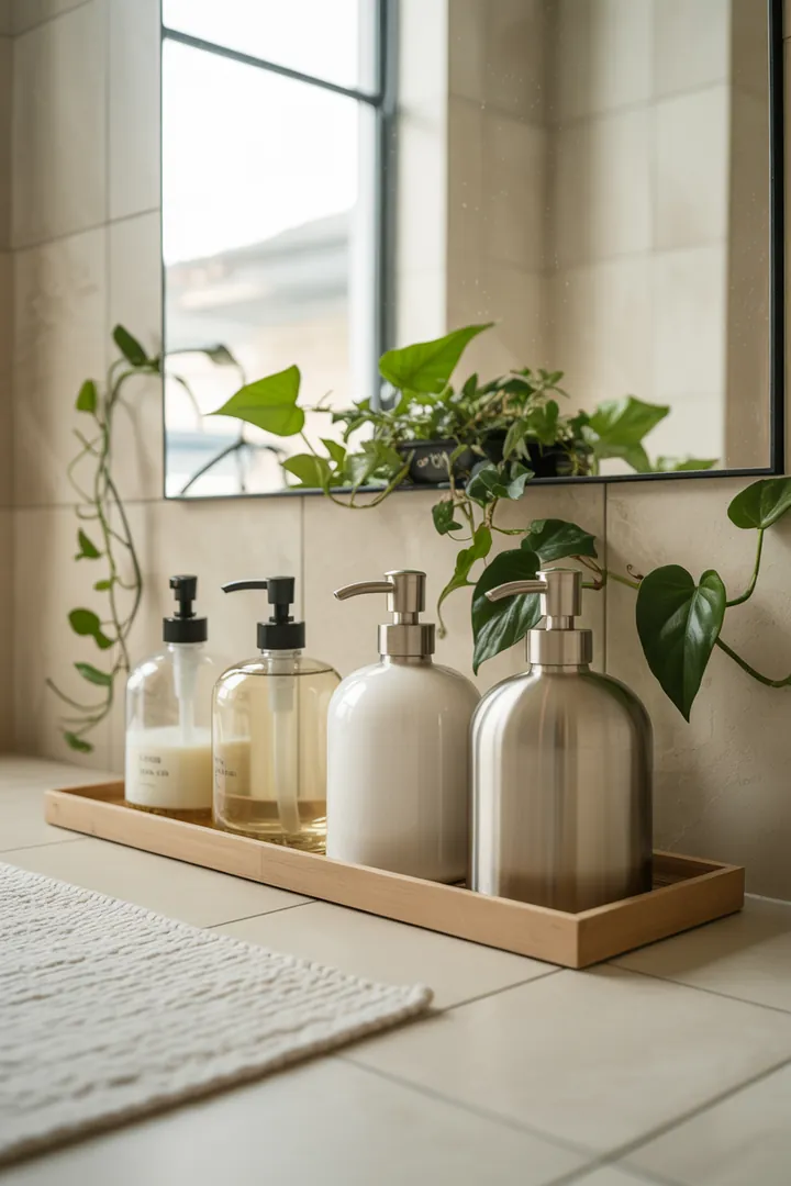 Eine stilvolle Umgestaltung eines kompakten Sanitärraums mit cleveren Möbeln und sanften Farbtönen, die den Raum optisch erweitern und eine einladende Atmosphäre schaffen.