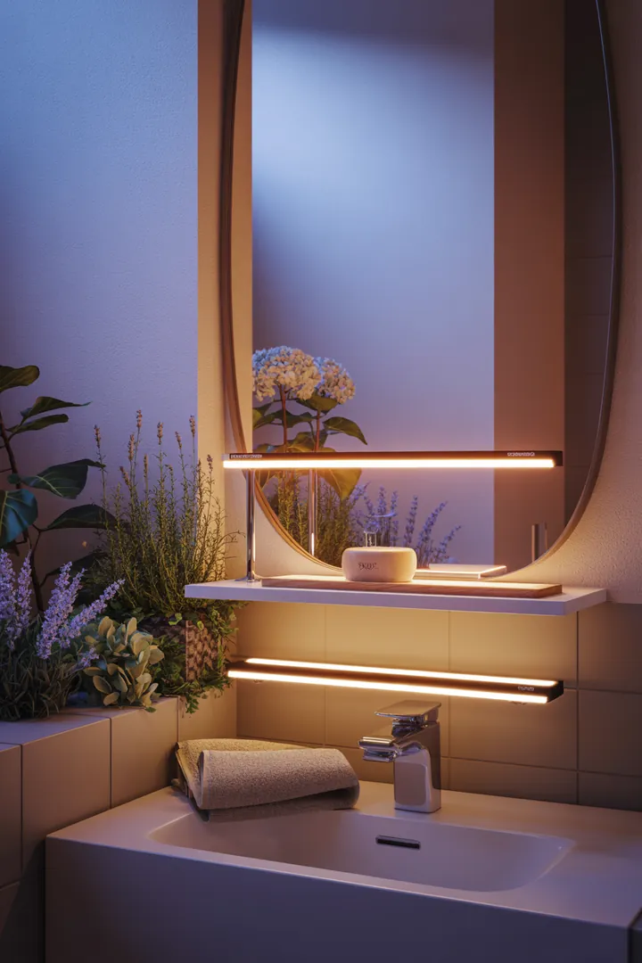 Ein stilvolles, kompaktes Badezimmer mit cleveren Lösungen für mehr Raumgefühl, funktionalen Möbeln und harmonischen Farbtönen, die eine einladende Atmosphäre schaffen.