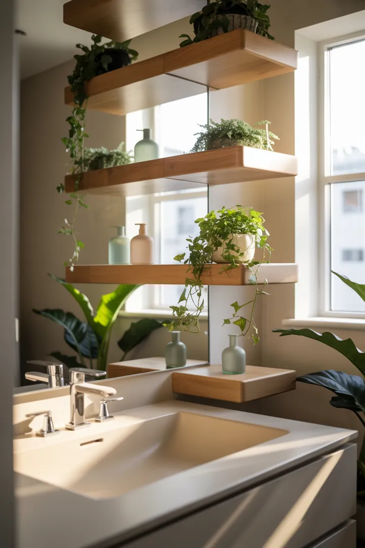 Ein stilvolles, helles Raumkonzept für eine kompakte Sanitäranlage mit cleveren Möbeln und natürlichen Farbtönen, das Funktionalität und Ästhetik vereint.