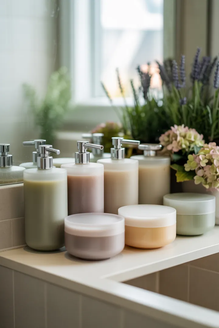 Kreative Gestaltungsideen für eine kompakte Sanitäranlage mit hellen Farbtönen, platzsparenden Möbeln und innovativen Lösungen zur optischen Vergrößerung.