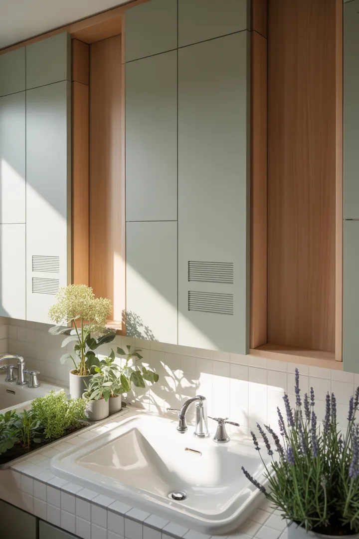 Ein stilvoll gestalteter Raum mit cleveren Lösungen zur Optimierung des Platzes, der Helligkeit und der Funktionalität für ein kompaktes Sanitärumfeld.