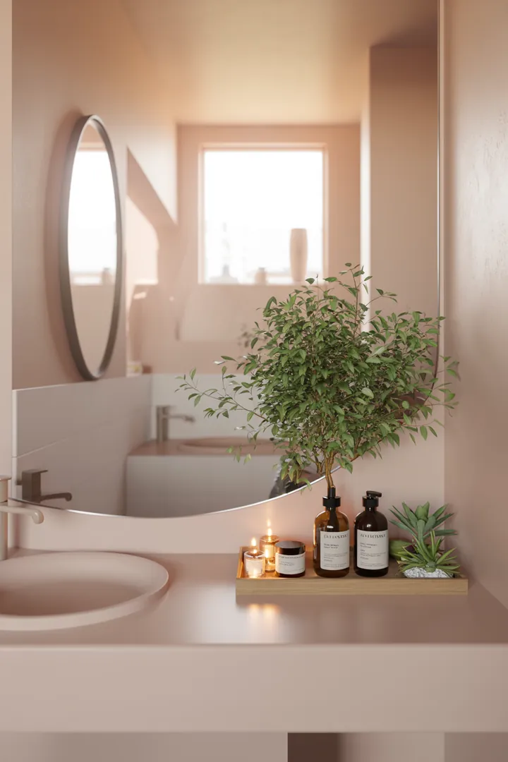 Ein stilvoll eingerichteter, heller Raum mit cleveren Möbeln und natürlichen Farben, der zeigt, wie man ein kompaktes Badezimmer optimal gestaltet und größer erscheinen lässt.