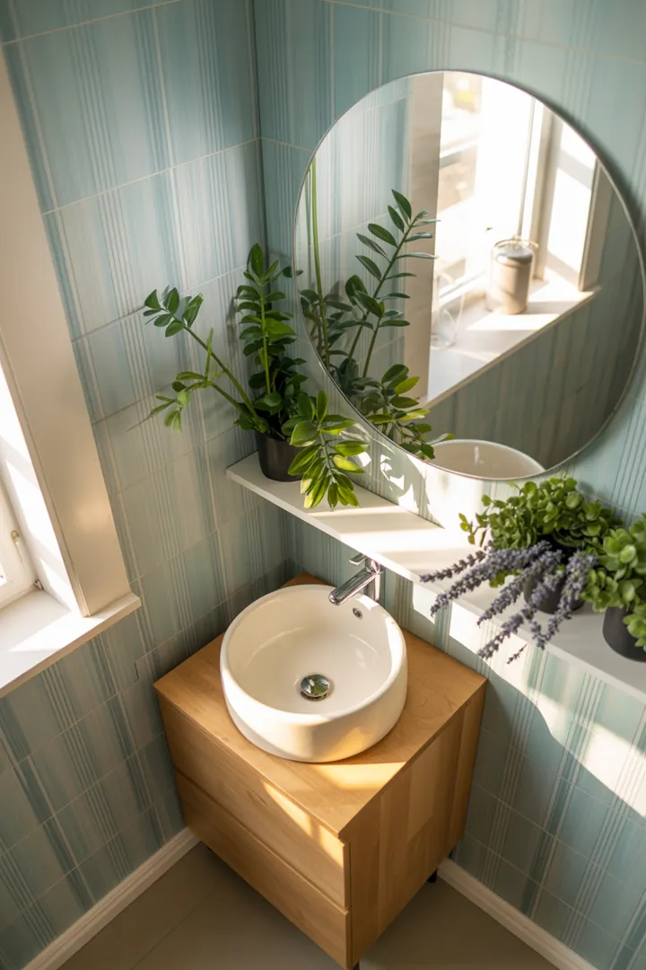 Ein stilvolles und funktionales Raumkonzept für eine begrenzte Sanitäranlage, das durch helle Farben und clevere Möbelanordnung Großzügigkeit vermittelt. Inspirierende Gestaltungsideen für eine ansprechende Atmosphäre.