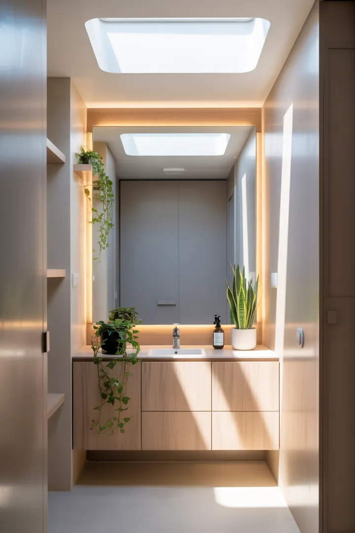 Eine stilvolle Umgestaltung eines begrenzten Raums mit modernen Elementen, die hell und einladend wirken, um die Wahrnehmung von Weite zu fördern.