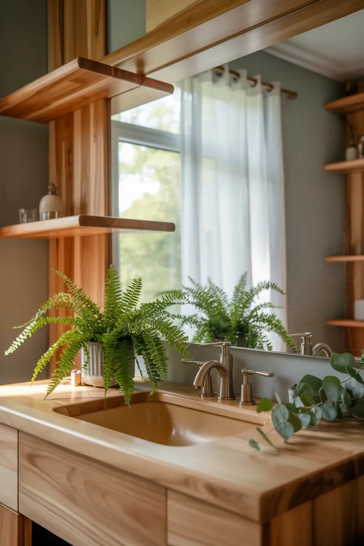 Helles, stilvolles Badezimmer mit cleveren Möbeln und natürlichen Farben, das den Raum optisch vergrößert und inspirierende Gestaltungsideen bietet.