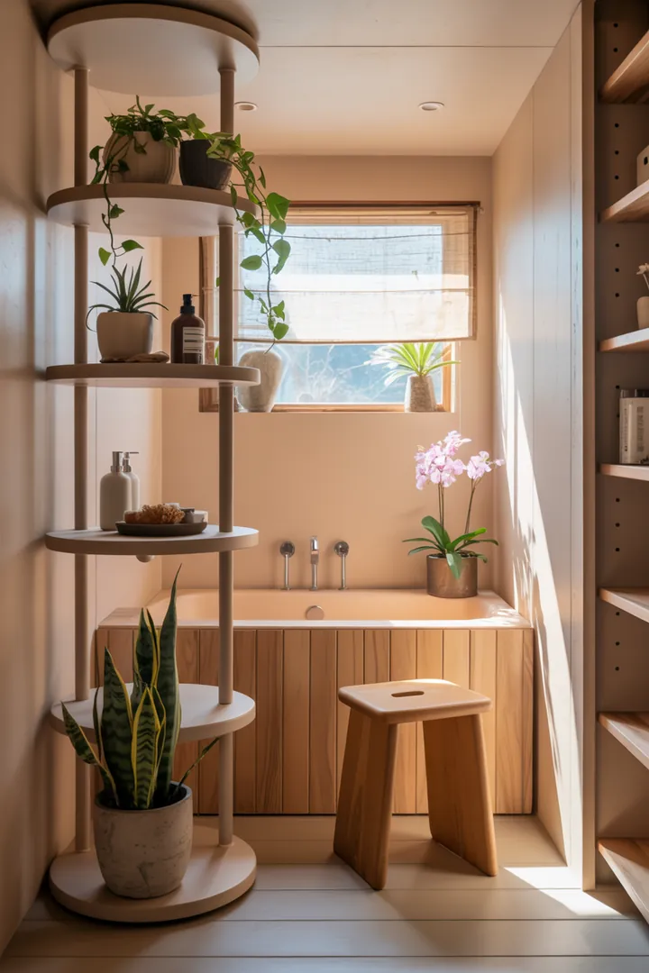 Eine stilvolle Umgestaltung eines kompakten Raumes mit hellen Farben, modernen Möbeln und cleveren Stauraumlösungen, die ein Gefühl von Weite und Gemütlichkeit vermittelt.