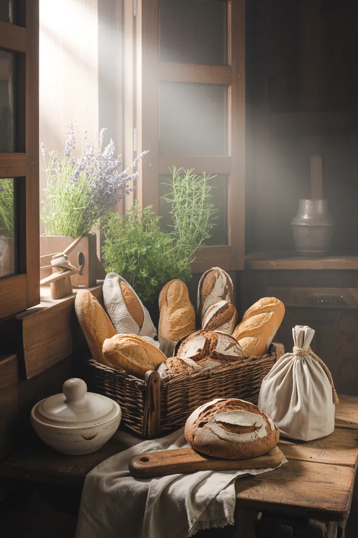 Ein stilvolles Aufbewahrungsbehältnis aus Keramik für Lebensmittel, kombiniert mit einem natürlichen Holzdesign und einem praktischen Stoffbeutel für optimale Frische und Hygiene.