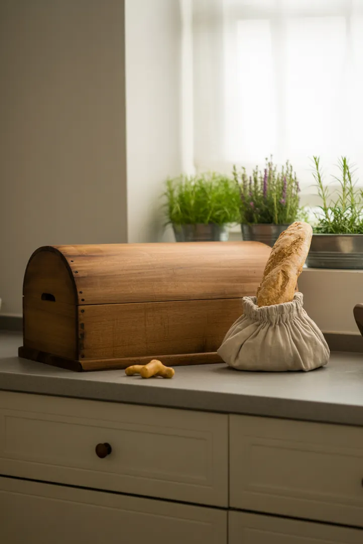 Elegante Aufbewahrungslösungen aus Keramik und Holz für frisches Gebäck, die Material und Hygiene vereinen. Ideal für die Küche.