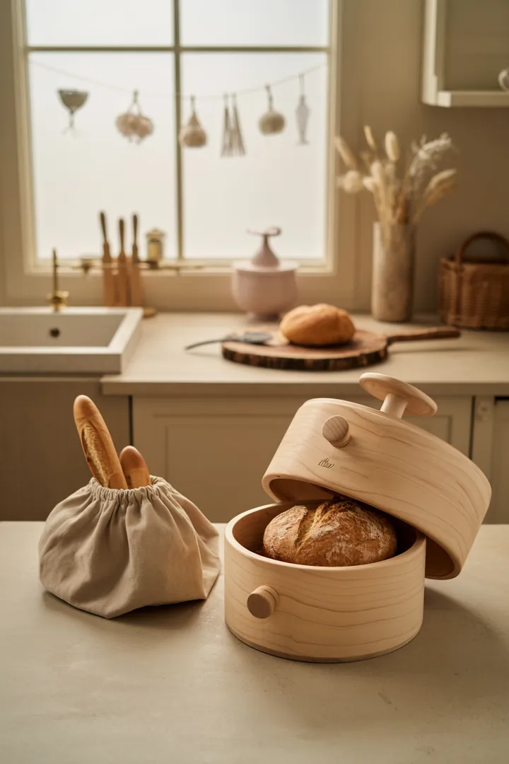 Harmonisches Arrangement von Aufbewahrungsbehältern für Brot aus natürlichen Materialien, darunter eine elegante Keramikschale, ein stilvoller Holzbehälter und ein praktischer Stoffbeutel, ideal für optimale Frische und Hygiene.
