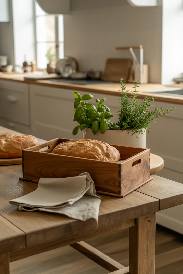 Ein stilvoller Aufbewahrungsbehälter aus Keramik für frisches Gebäck, kombiniert mit einem natürlichen Holzbehälter und einem praktischen Stoffbeutel für optimale Hygiene.