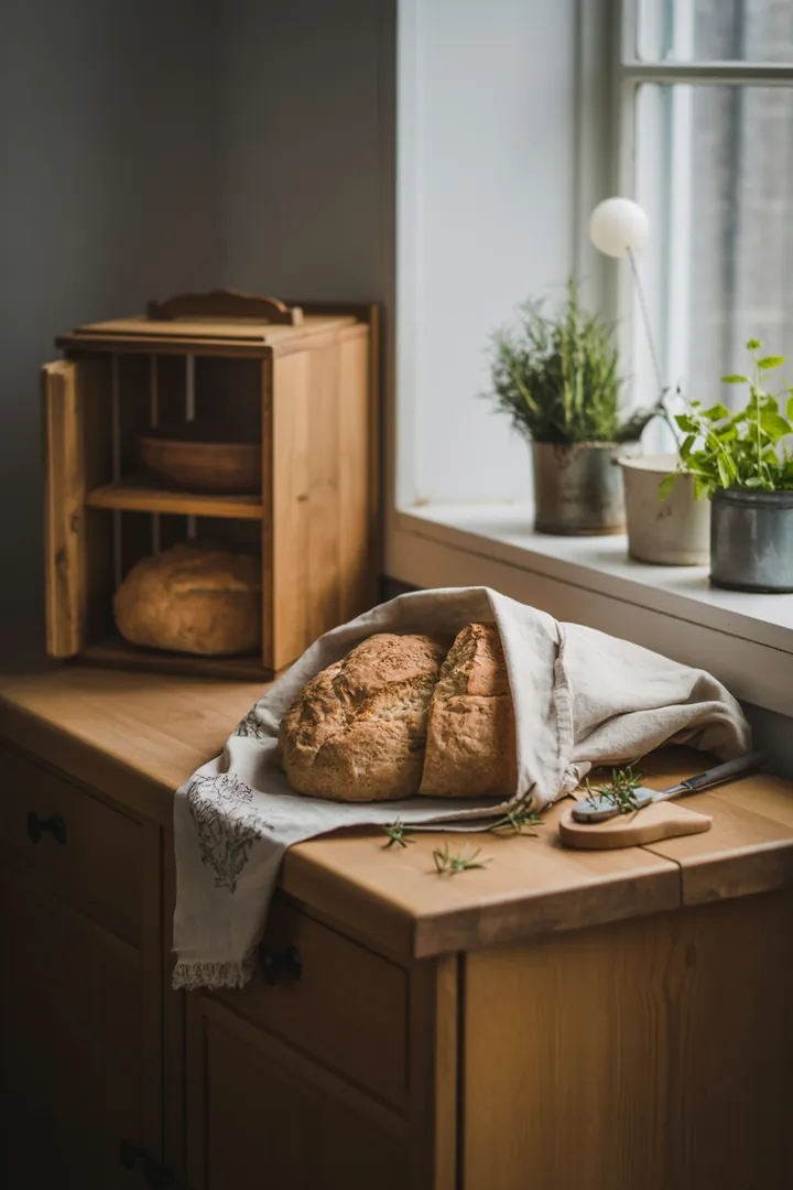 Ein stilvolles Küchenregal, das eine große Aufbewahrungsdose, einen kompakten Brotbeutel und eine praktische Brotbox zeigt, bietet optimalen Stauraum für frische Lebensmittel.